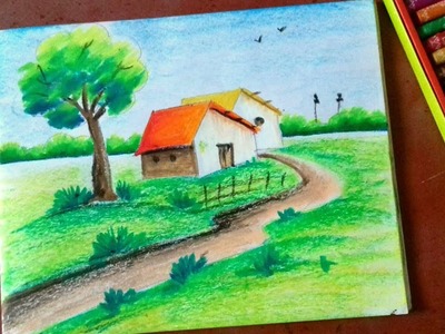 Drawing of nature easy||pastel color painting for beginners ||village landscape painting