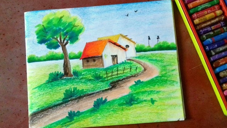 Drawing of nature easy||pastel color painting for beginners ||village landscape painting