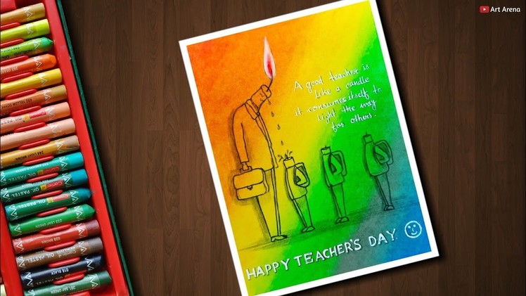 Easy Teacher's Day Drawing. Card with Oil Pastels for beginners - step by step