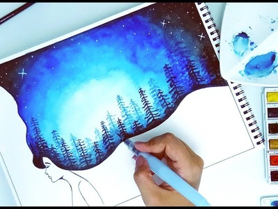 Easy Watercolor Galaxy Forest Double Exposure