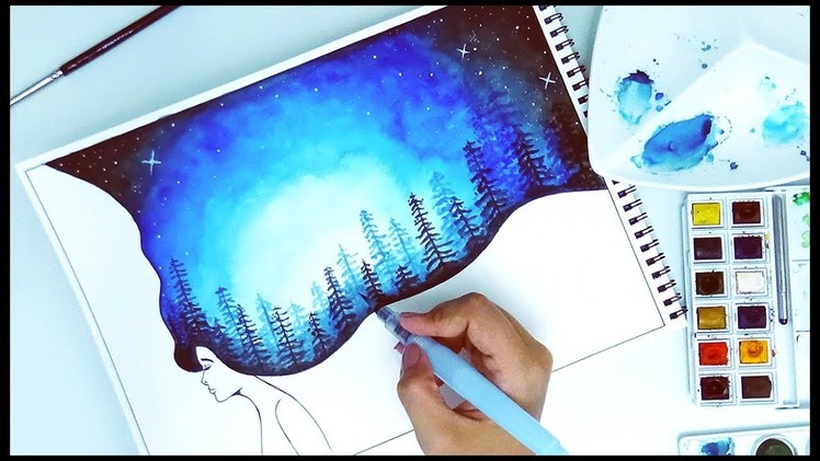 Easy Watercolor Galaxy Forest Double Exposure