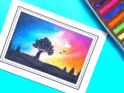 Very easy night landscape scenery drawing with pastels | step by step for beginners