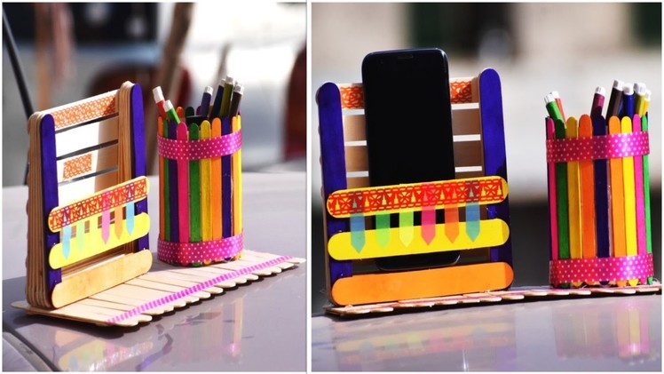 DIY : Pen stand and Mobile Holder using  Popsicle Sticks