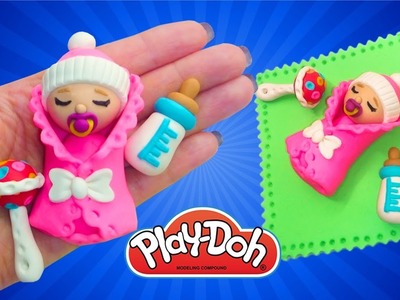 Play Doh Newborn Babydoll How to Make Baby for Doll.  DIY Miniature Babydoll, Feeding Bottle, Rattle