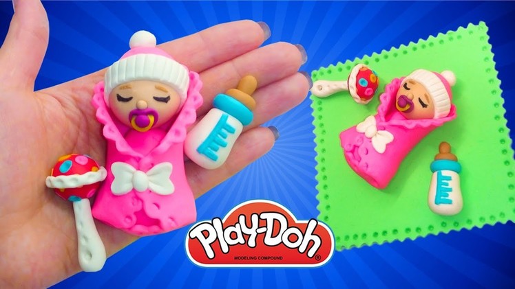 Play Doh Newborn Babydoll How to Make Baby for Doll.  DIY Miniature Babydoll, Feeding Bottle, Rattle