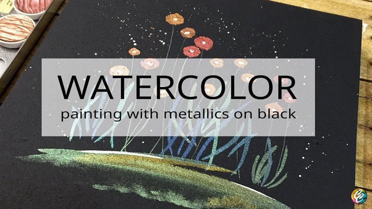 Watercolor painting with metallics on black paper