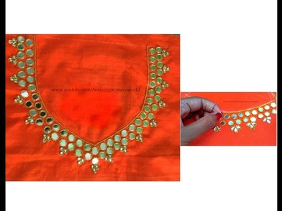 Mirror Work Neck Design for Churidar. Kurti. Blouses making same like Hand Embroidery