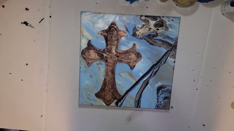 Acrylic Pouring on a wooden cross for mounting on a Poured Painting