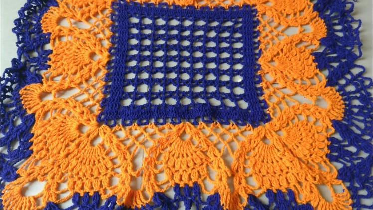 Crochet big square tablemat pine apple doily.in marathi.English subtitles चौरंगावरचा रूमाल.प्रकार 23