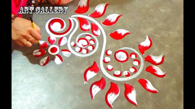 Easy creative Art by Art Gallery.Simple Kolam.red,white color Alpana designs