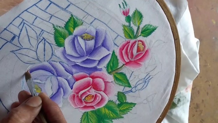 Fabric painting.Painting. Basket  with roses painting. Part-1