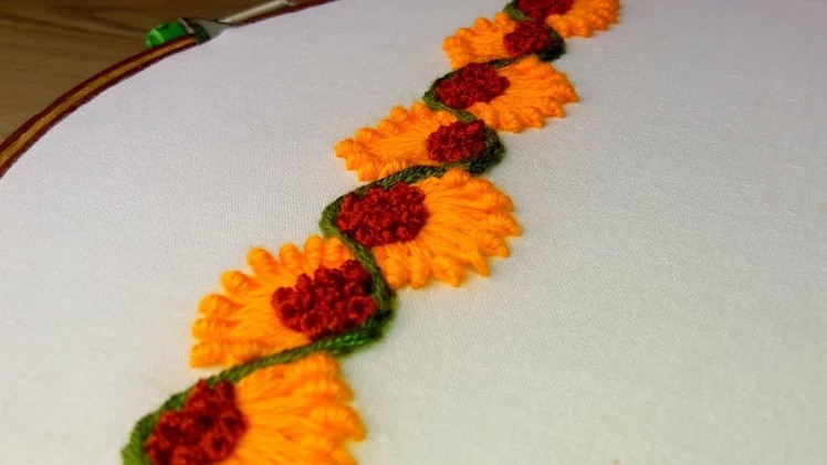 Hand Embroidery : brazilian lazy stitch |sunflower border design.