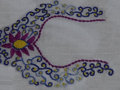 Hand Embroidery Work : Neckline Embroidery : Chain Stitch & French Knot Stitch