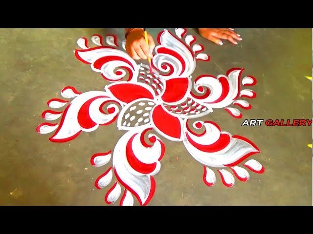 Pooja Room decoration idea Red white Innovative Rangoli.Alpana designs by 5 x 3 dots