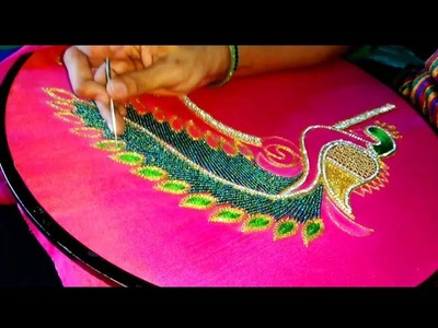 Making of peacock design#maggam work blouse design#thread stich in peacock design