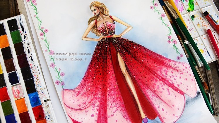 Red Ombre Fashion Dress Illustration Painting for Beginners