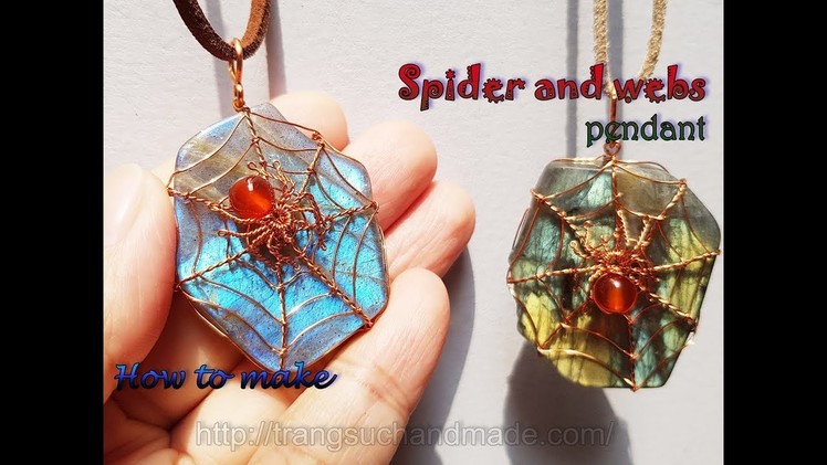Spider and spider webs with freeform Labradorite slices undrill pendant - Halloween jewelry 419