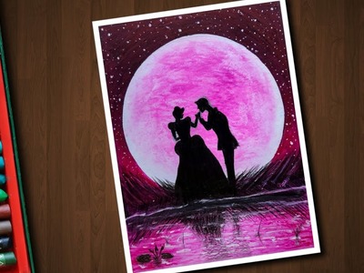 Cinderella with Prince Charming Moonlight drawing with Oil Pastels - step by step
