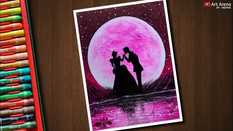 Cinderella with Prince Charming Moonlight drawing with Oil Pastels - step by step