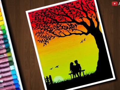 Couple Sunset scenery drawing with Oil Pastels - step by step