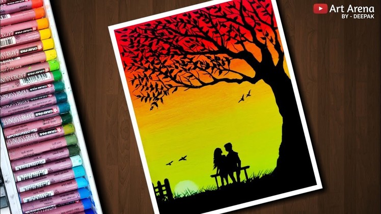 Couple Sunset scenery drawing with Oil Pastels - step by step