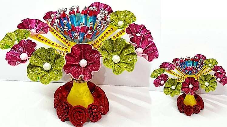 DIY-Guldasta.flower vase from plastic bottle & glitter sheet at home | DIY Foam Flower Guldasta