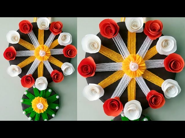 Diy paper flower and woolen wall hanging. Woolen craft. paper flower wall hanging.Easy home decor