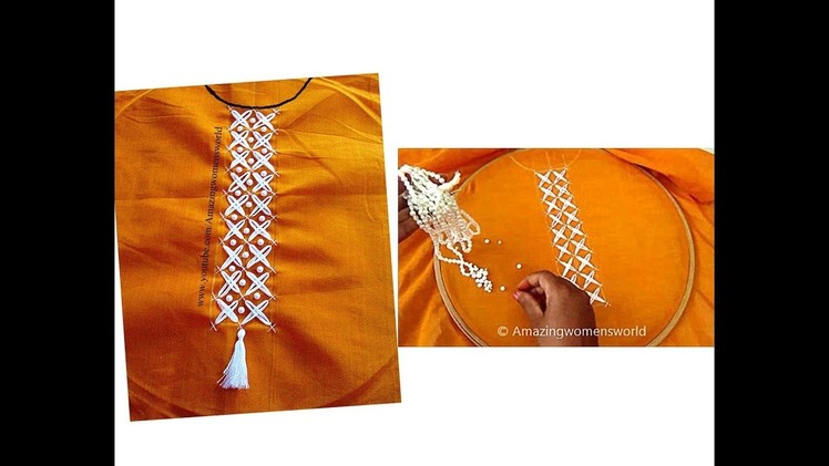 Hand Embroidery : Chicken Scratch Stitch, Neck Churidar.  Tops. Border Design # 6 - Hand Stitches