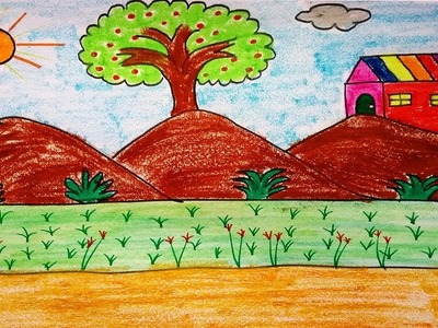 How to draw a landscape scenery with mountains tree and house for kids