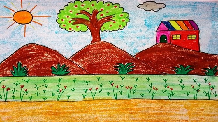 How to draw a landscape scenery with mountains tree and house for kids