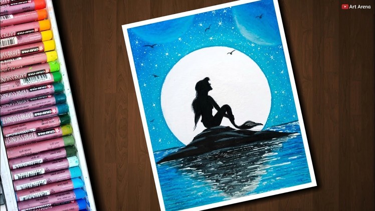 Mermaid Moonlight scenery drawing with Oil Pastels for beginners - step by step