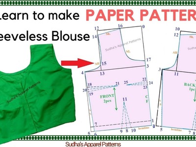 Sleeveless Sari Blouse - Complete Pattern making. Drafting of Front & Back