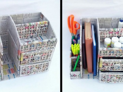 Desk organizer with cardboard and newspaper | newspaper craft | cardboard drawer | HMA##199