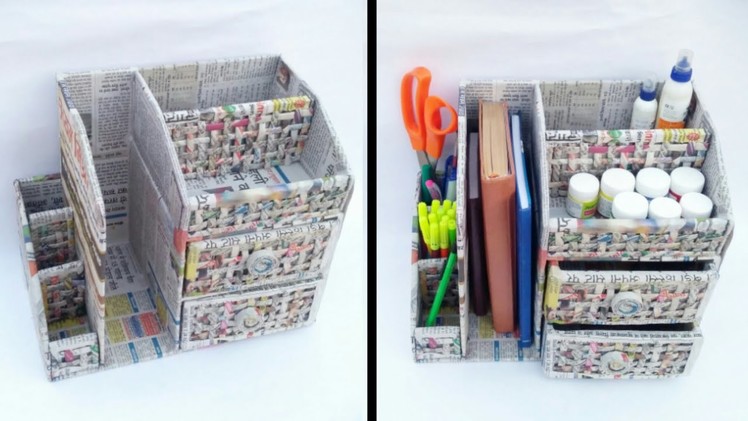 Desk organizer with cardboard and newspaper | newspaper craft | cardboard drawer | HMA##199