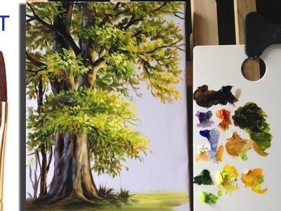 Paint a tree by using different sides of flat brush in acrylic