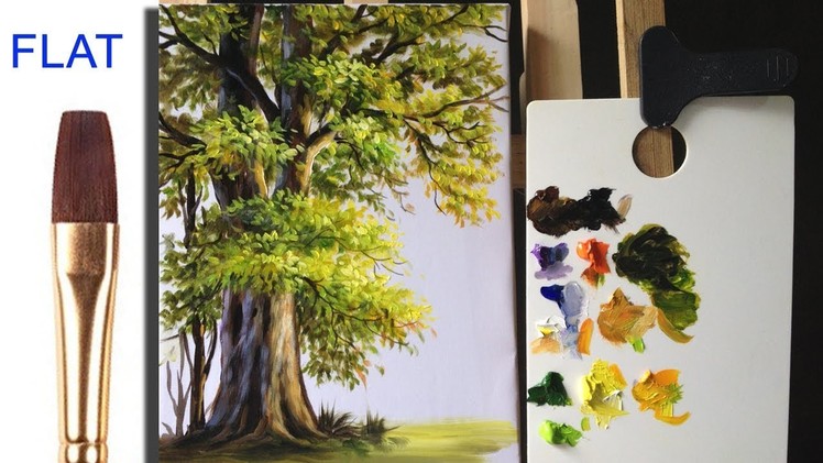 Paint a tree by using different sides of flat brush in acrylic