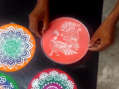 Peacock rangoli with stencil within 1 minute