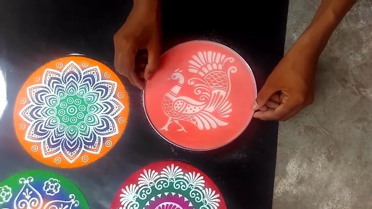 Peacock rangoli with stencil within 1 minute
