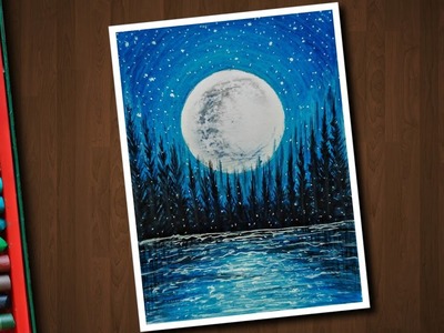 Simple Moonlight scenery drawing with Oil Pastels - step by step
