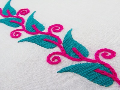Hand Embroidery; Border line design; Chain stitch.Leaf Stitch