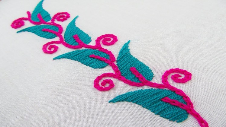 Hand Embroidery; Border line design; Chain stitch.Leaf Stitch