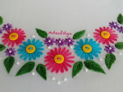 Hand Embroidery:Lazy daisy stitch neckline | Bordado a mano para cuello: Flores en puntada margarita
