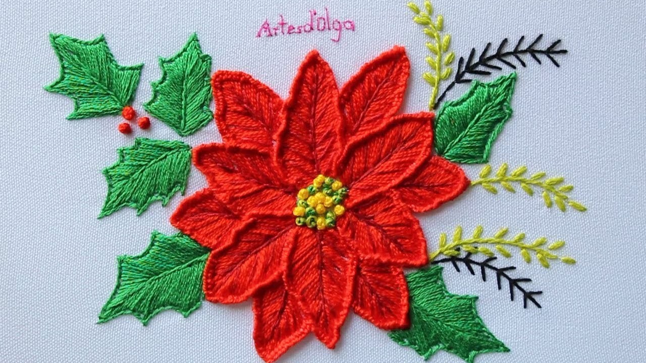 Hand Embroidery: Poinsettia flower | Bordado a mano: Flor de Nochebuena | Artesd'Olga