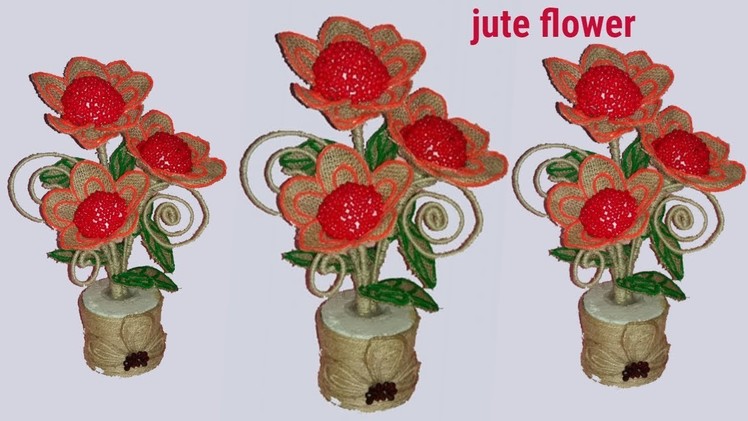 How to make jute flower ||jute craft ideas||plastic bottle craft with jute||ddustu pakhe