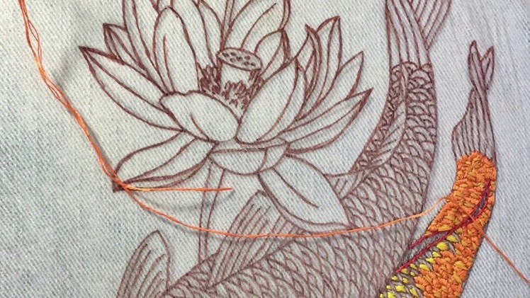 Koi Fish Embroidery Piece on Denim Jacket Done For Chris Garver Book Color Odssey