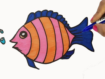 Coloring fish Drawing for kids Colors with Fish Shapes Easy cute draw with hand pen