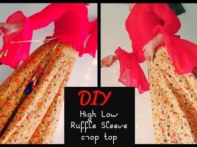 DIY : How To Make Lehenga with High Low Ruffle Sleeves Crop Top Part 2