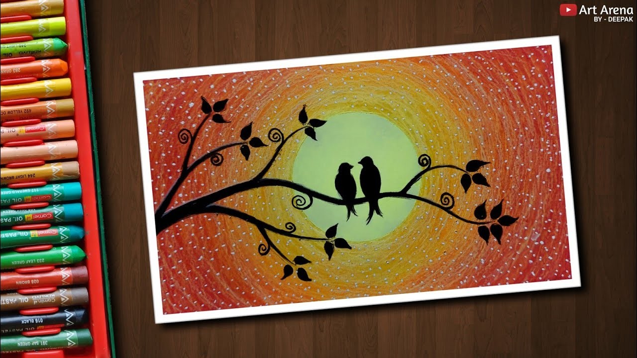 Easy Love Birds Drawing for beginners with Oil Pastels - step by step