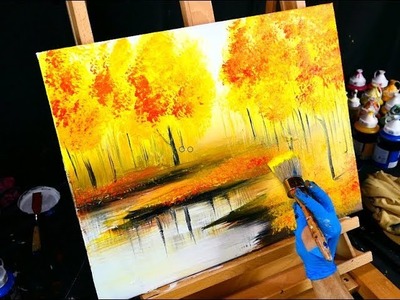 Fall season landscape painting – yellow, red, orange autumn leaves, trees and reflective lake