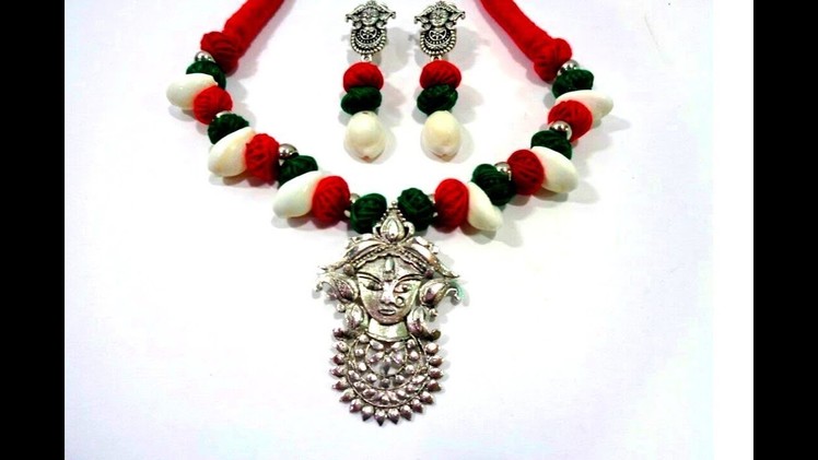 How to Make Cotton thread German Silver Necklace With Earing.Very Special Necklace for Durga Puja